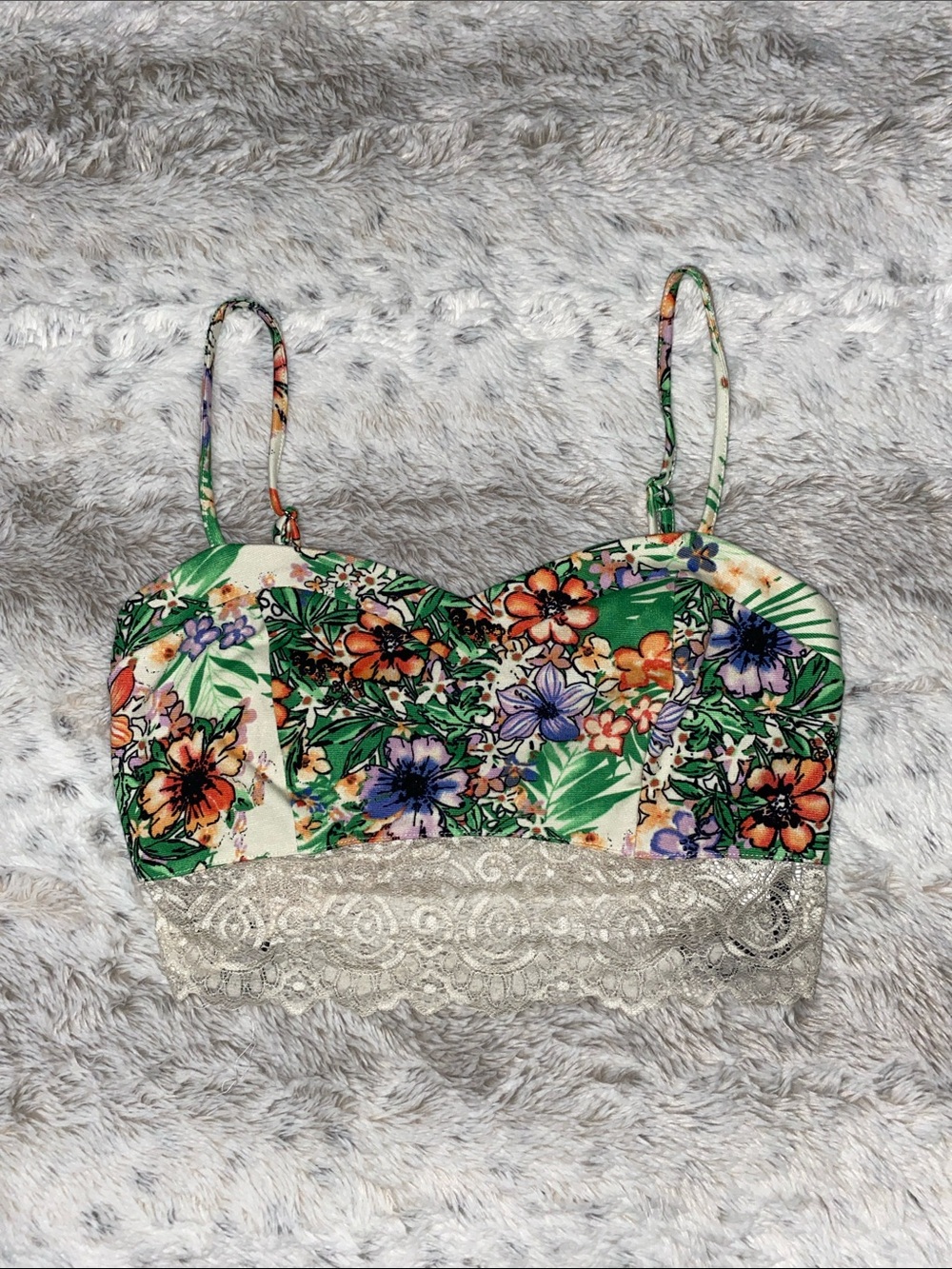 Forever 21 Floral Lace-Trim Bralette Crop Top - Green, Orange, Purple